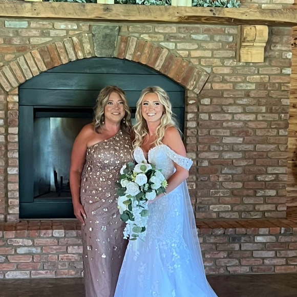 3D FLORAL HAND-BEADED ONE-SHOULDER LONG COLUMN GOWN IN STONE - Picture 2 of 4